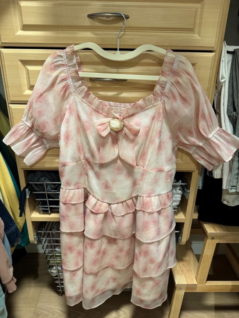 Pink Tie-Dye Floral Puff Sleeve Mini Dress with Bow Detail